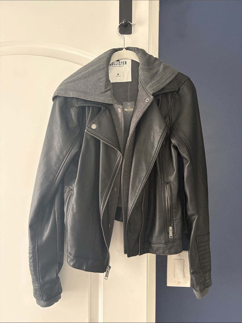 NWT Medium- Hollister Black Faux Leather Moto Jacket with Gray Attached Hood